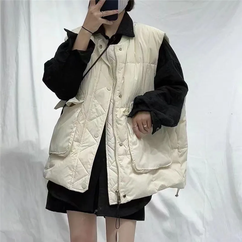 

Осенне-зимний пуховой жилет с большими карманами, женская теплая Толстая куртка на белом утином пуху, парки, Женское пальто без рукавов, куртка оверсайз