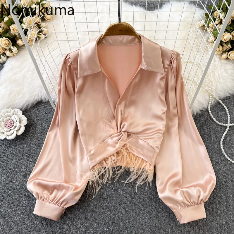 

Nomikuma Camisas De Mujer Spring Autumn Turn Down Collar Feather Patchwork Chic Shirts for Women Vintage Elegant Blouse Women