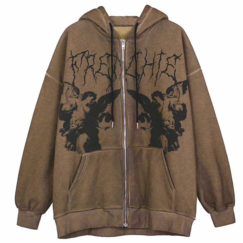 

Men Hip Hop Streetwear Hooded Jacket Angel Dark Print Jacket Coat Harajuku Fleece Autumn Winter Jacket Outwear Zipper WOMEN NEW
