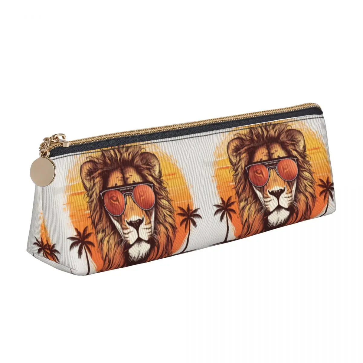 Lion Triangle Pencil Case Retro Animals With Sunglasses Cool Zipper Pencil Box For Child University Leather Pen Pouch