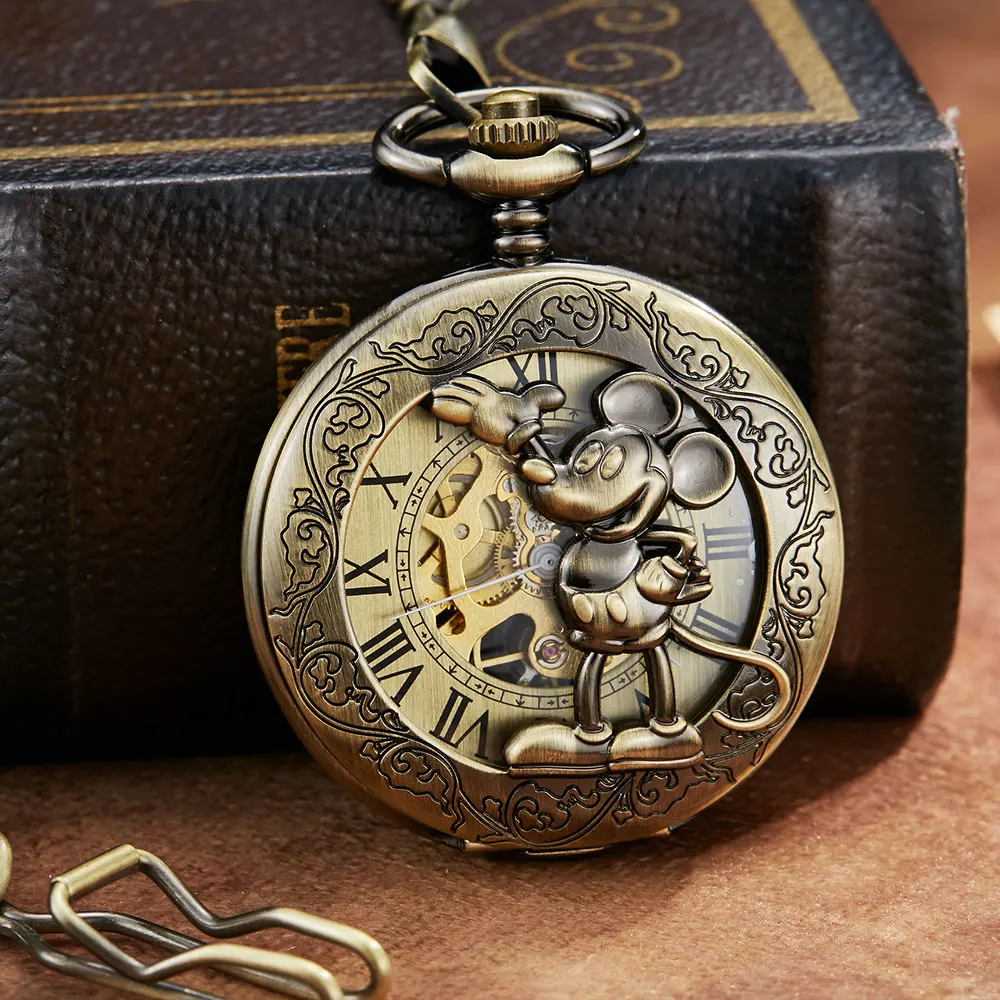 Black Steampunk Skeleton Cartoon Cute Mouse Mehanical Pocket Watch FOB Chain Hand Wind Mechanical Mens Womens Watches with Chain