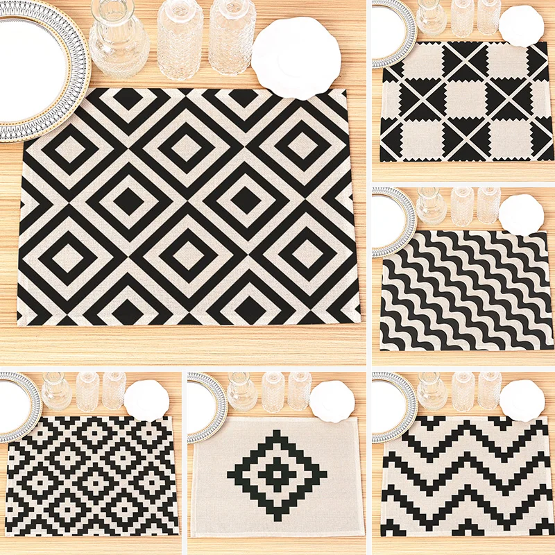 

Black and White Square Geometric Dining Table Mat Patchwork Line Cooton Linen Kitchen Placemat 32x42cm Coaster Pad Bowl Cup Mats