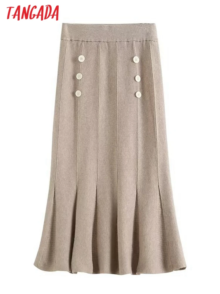 

Tangada women buttons knit midi skirts faldas mujer strethy waist 2022 autumn winter OL sweater skirt HE05