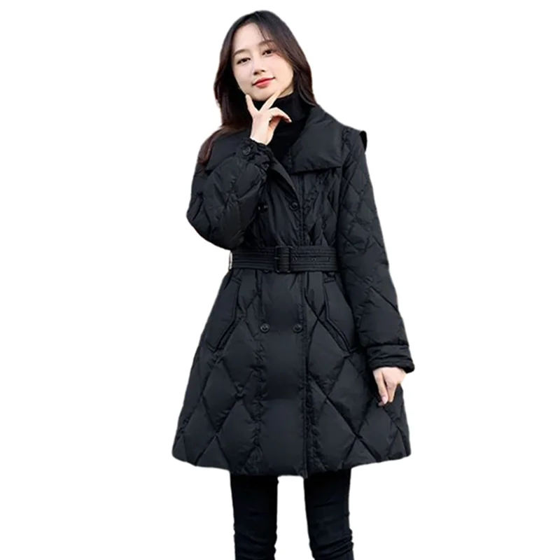 Down Jacket Black Mid-length Female Winter Coats Navy Collar Belt Slim New Lightweight Jackets Fashion Free Match Women Clothing