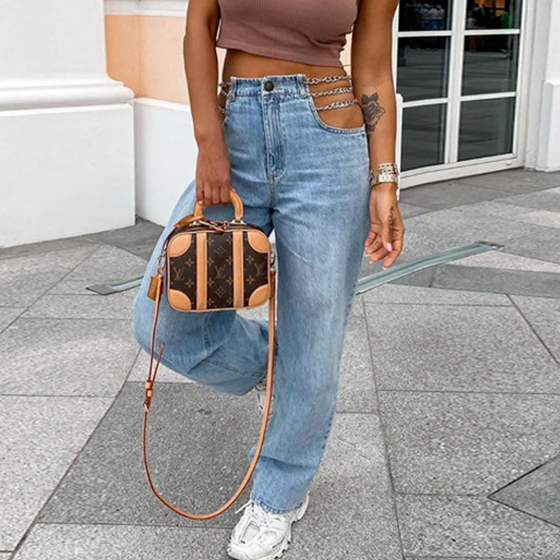 Hollow Chain High Waist Tailored Denim Casual Street Trousers Spring Long 2021 Summer New Trend Leggings Jeans Woman Pants 2021