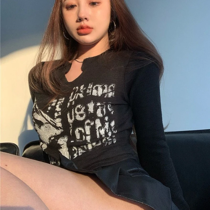 

Streetwear long-sleeved short top ins Y2K new sexy letter printing female clothes gothic tight-fitting women's t-shirt Crop-top