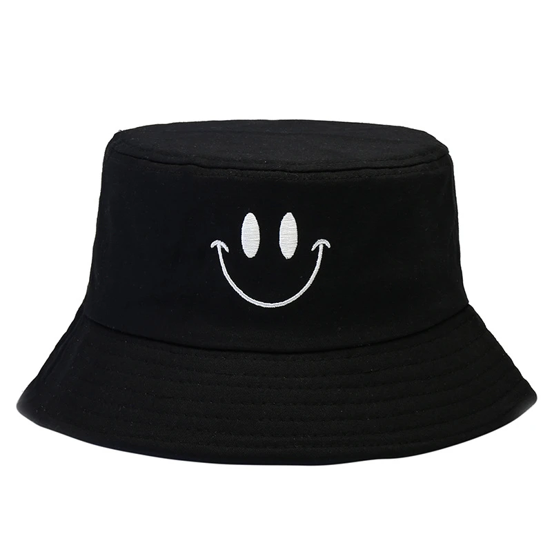 

Embroidered Smile Foldable Bucket Hat Men Women Beach Sun Hat Unisex Street Headwear Fisherman Outdoor Cap Panama Bucket Caps