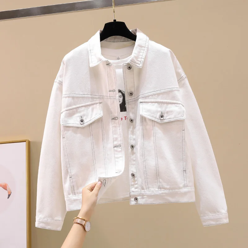 

Fashion White Denim Jacket Women Loose Short Casual Cowboy Outerwear Autumn Korean Pocket Long Sleeve Jeans Jacket Coat Female