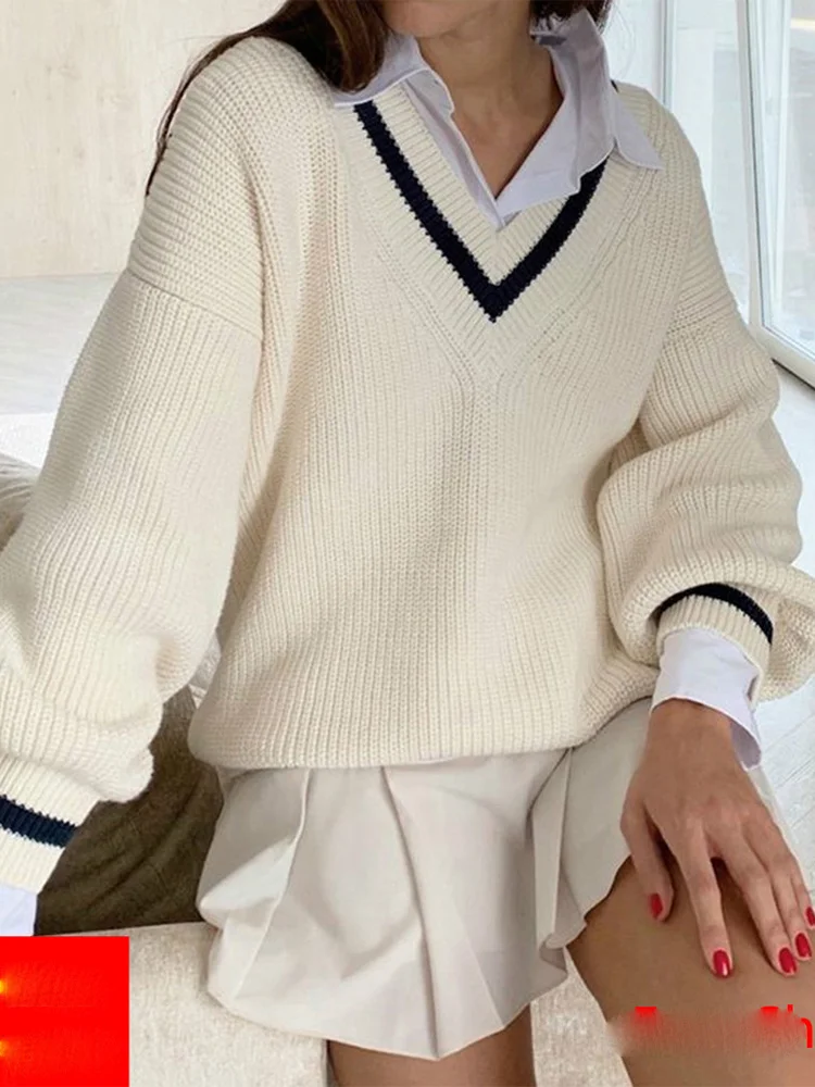 

2023 V Neck White Casual Sweater Women Preppy Style Korean Long Sleeve Jumpers Ladies High Street Autumn Winter Pullover