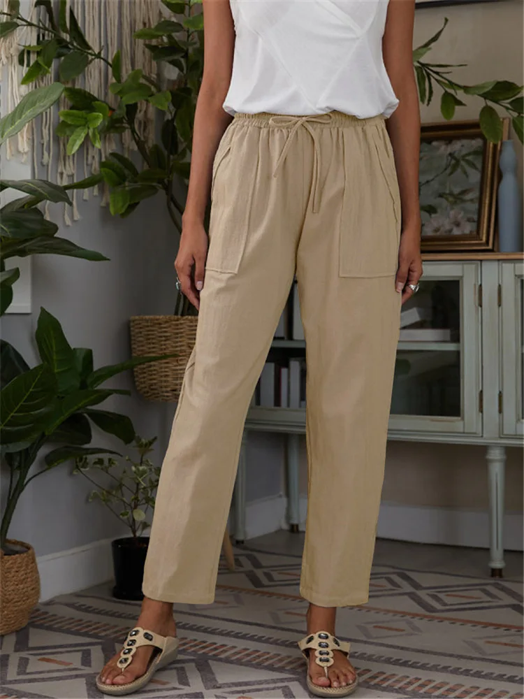 2023 Summer Cotton Linen Women's Long Pants Black Drawstring Pockets Casual Pants Female New Elegant Fashion Ladies Bottom