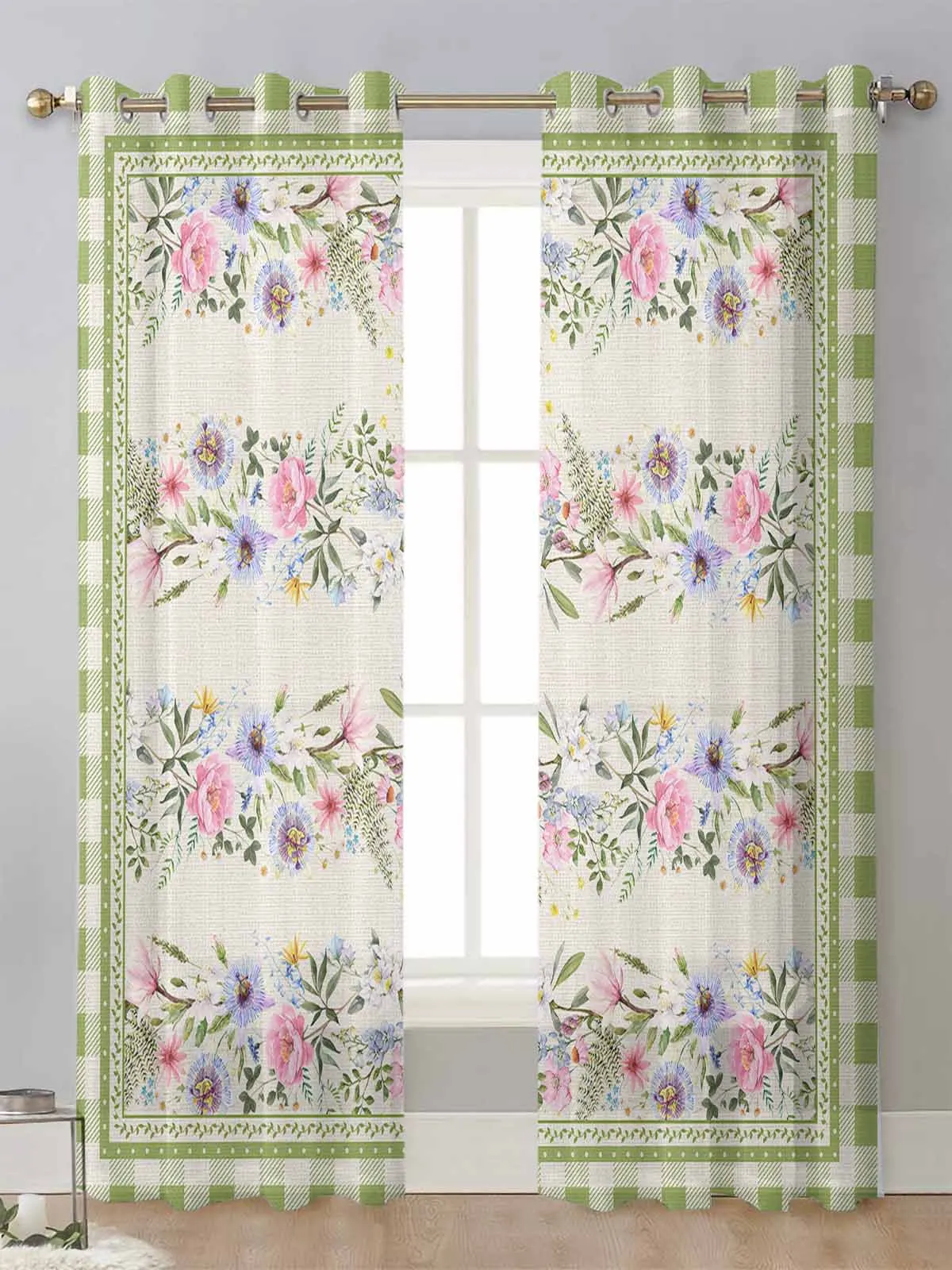 

Summer Plaid Idyllic Flowers Sheer Curtains For Living Room Window Transparent Voile Tulle Curtain Cortinas Drapes Home Decor