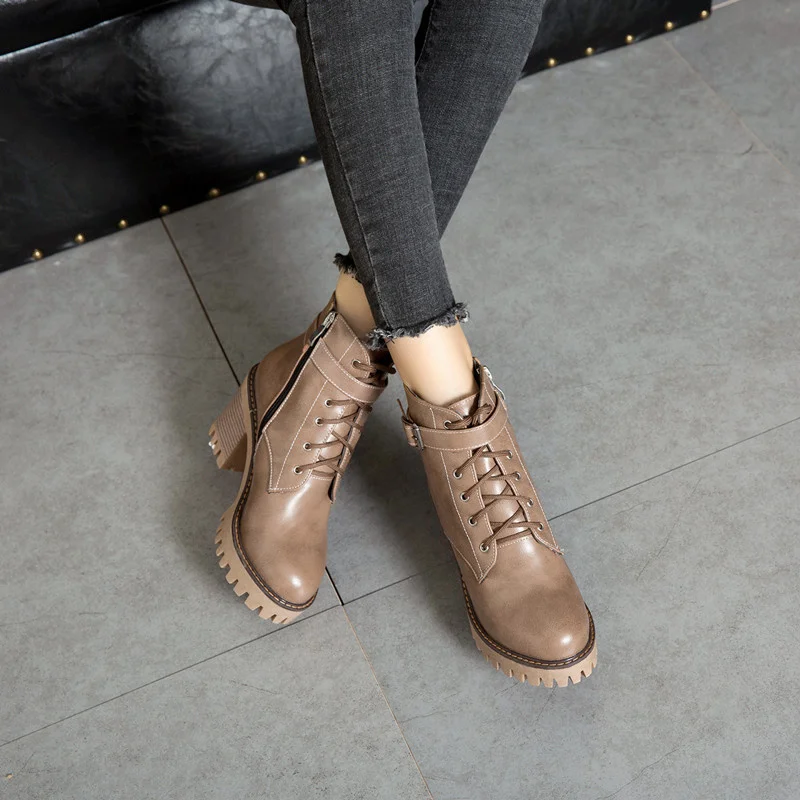 Plus Size 34-43 Ankle Boots Women 2022 Winter Warm Shoes 8cm High Heel Office Lace Up Buckle Platform Leather Shoes Short Boots