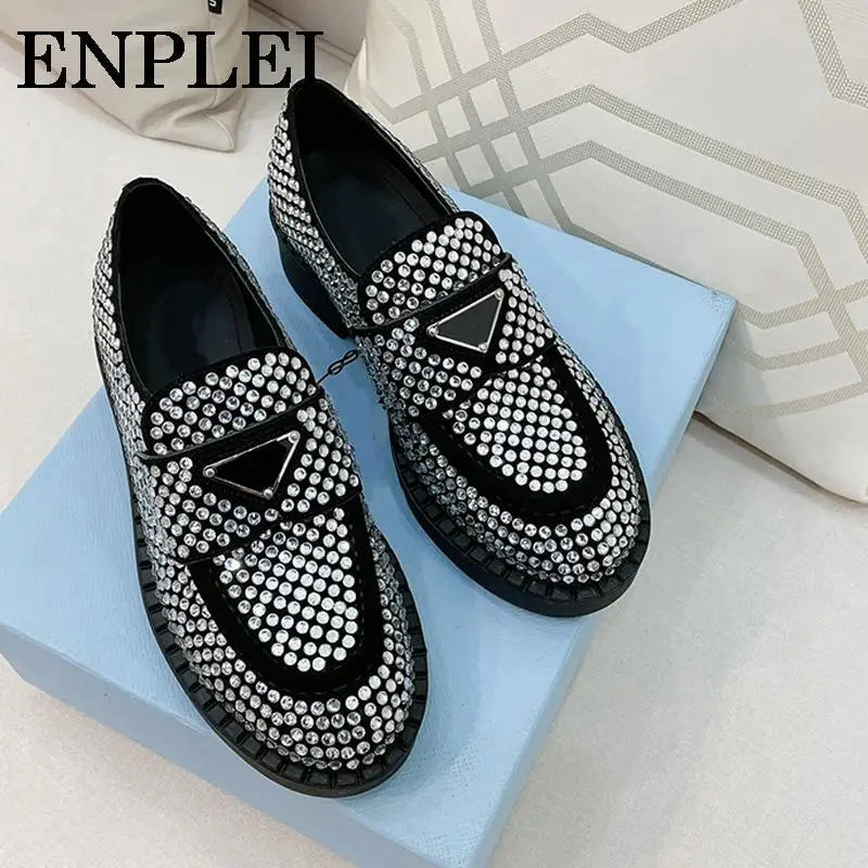 

Enplei Women Casual Shoes Genuine Leather Platform Loafers Shiny Rhinestone Crystal Bordered Casual Designer Shoes Size 34-40