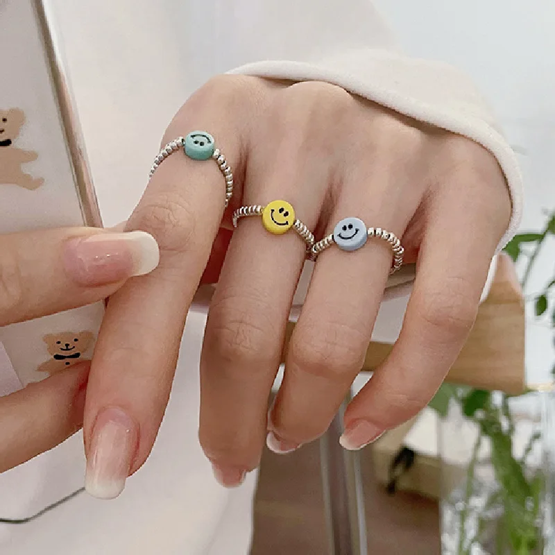 

Colorful Smile Face Elastic Adjustable Rings for Women Girls Silver Color Beads Circle Ring New Fashion Jewelry Accessories