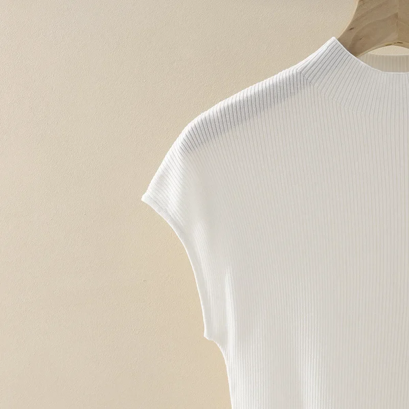 Шелковый вязаный топ с высоким воротником из пряжи универсальный белый