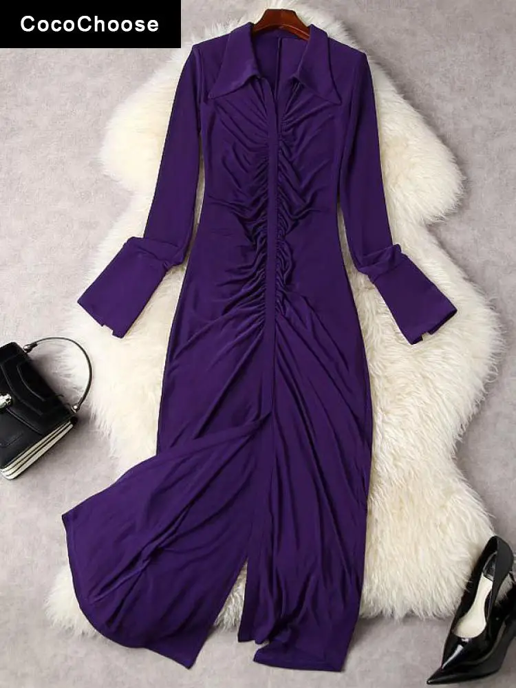 

Women Sheath Sexy Club Dress Spring Summer 2022 Fashion Long Sleeve Turn Down Collar Ruched Slit Party Dresses Black Vestidos