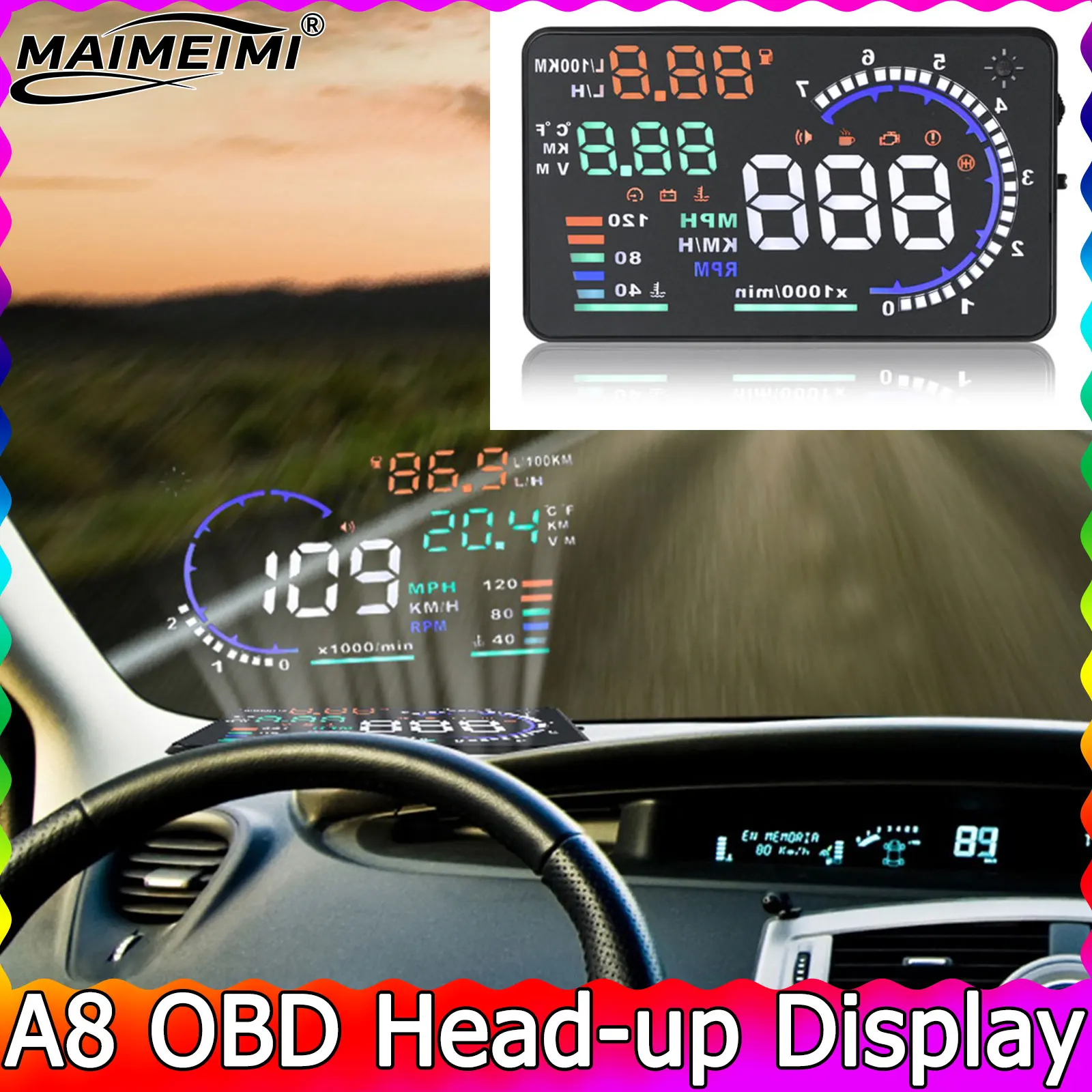

Проектор A8 OBD2 EOBD HUD Для Лобового Стекла Автомобиля: Спидометр С LED-индикатором Температуры Воды, Тахометр