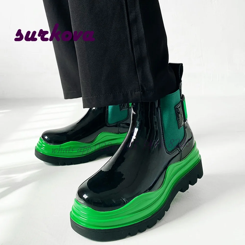 

Ботинки Челси из лакированной кожи с цветными блокировками, женские ботинки с круглым носком на толстой подошве, привлекательные вечерние ...