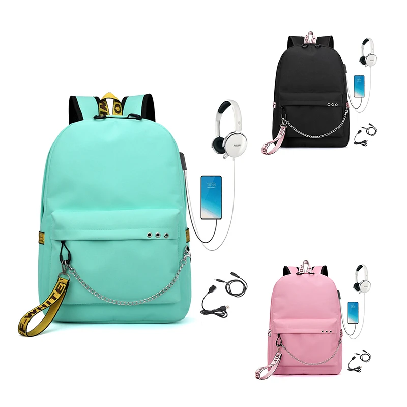 Fashion Solid Black Color women Student School Bag Computer Youth Travel Backpack Class Bag Girl College School Bags With Usb