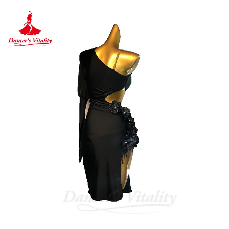 Женское платье из спандекса для латинских танцев с одним рукавом Rumba Chacha Tango