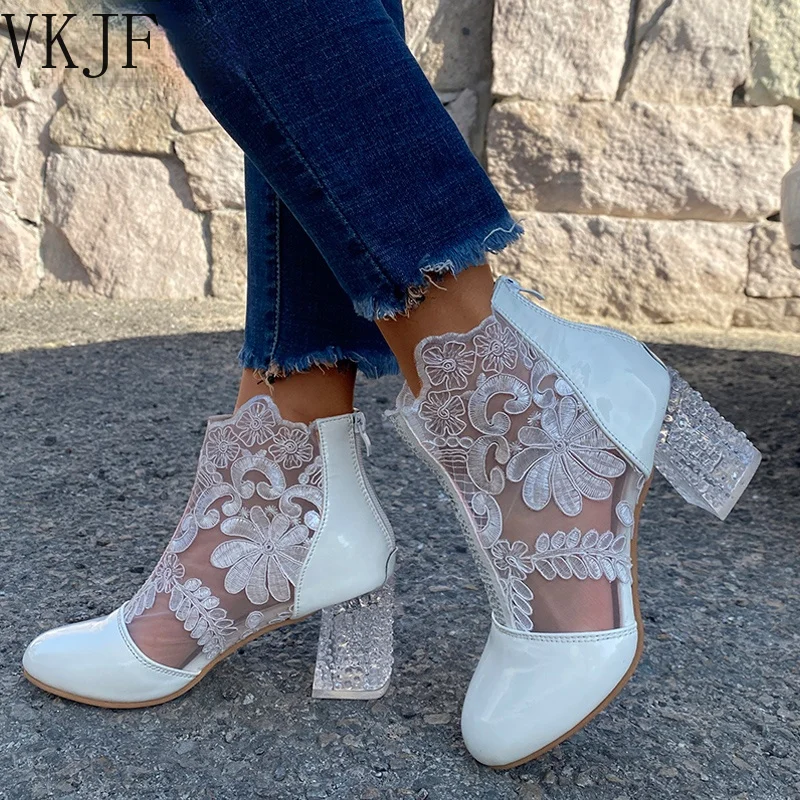 

Женские сетчатые ботильоны, черные ботинки на квадратном каблуке, босоножки с круглым носком и шнуровкой, Новинка лета 2022