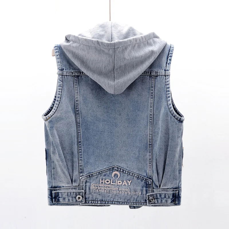 

Blue Vintage Short Big Pocket Hooded Denim Vest Women Summer Waistcoat Sleeveless Jacket Casual Loose Jeans Vests Female 5XL