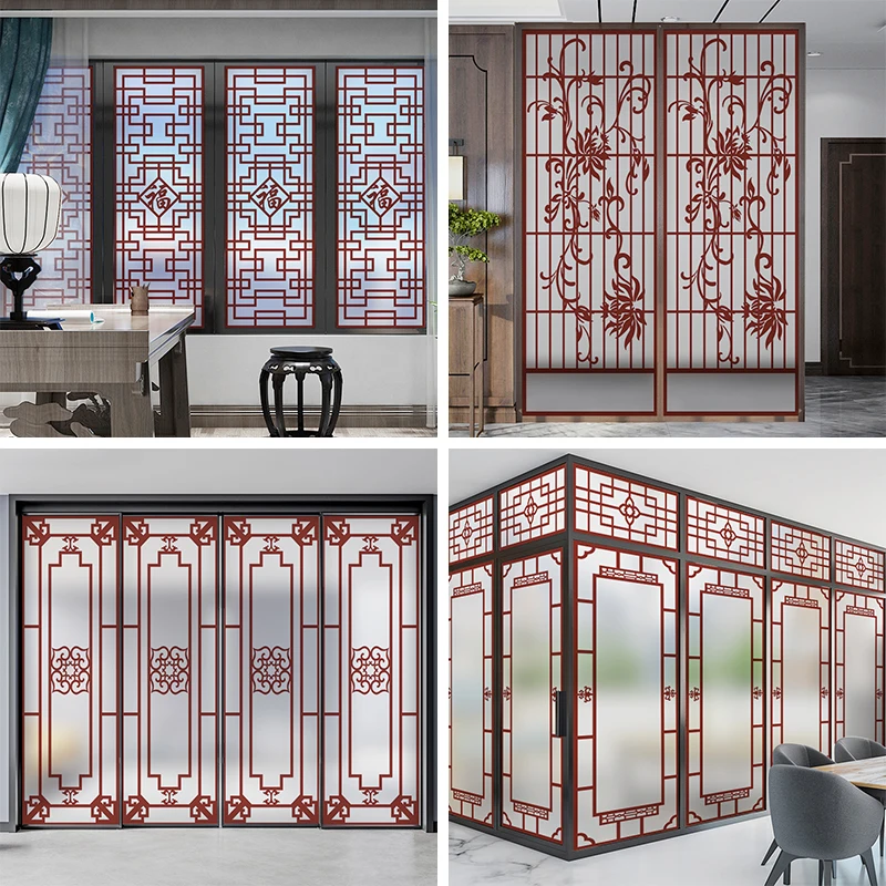 

New Chinese Retro Redwood-like Plaid Window Stickers Window Sliding Door Stickers Static Frosted Glass Film