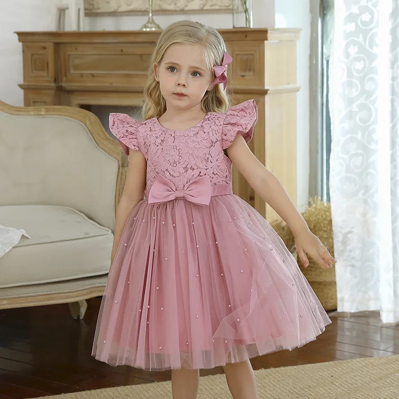 

Elegant Tulle Flower Girls Bridesmaid Dress Lace Pearls Bow Wedding Birthday Pageant Princess Party Gown