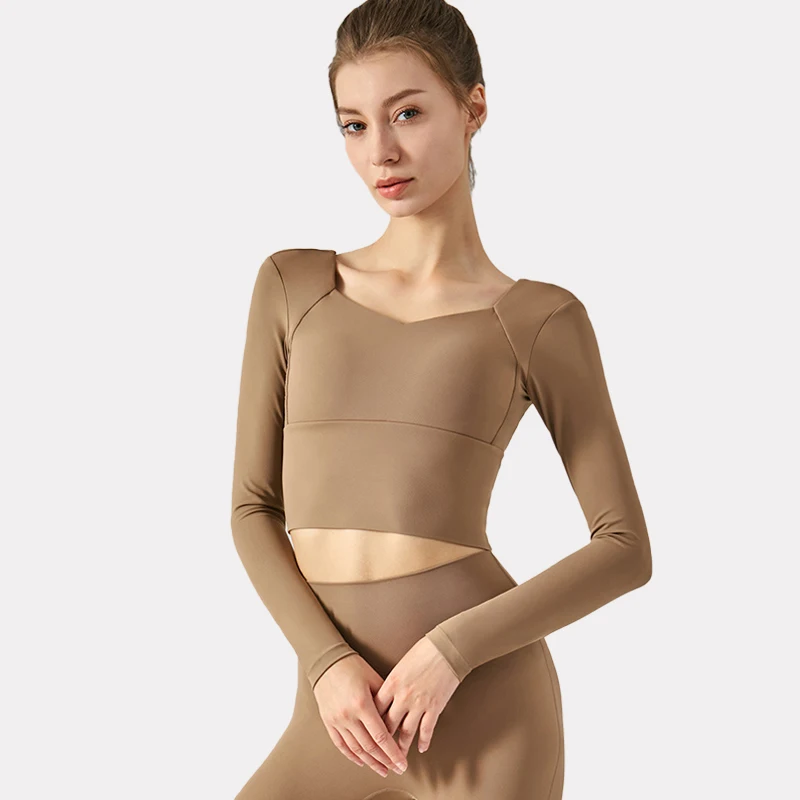 

With Logo Yoga Training T-Shirt Women's Stretch Comfortable Outdoor Long Sleeves Cropped Fitness Sports Tight Top With Chest Pad