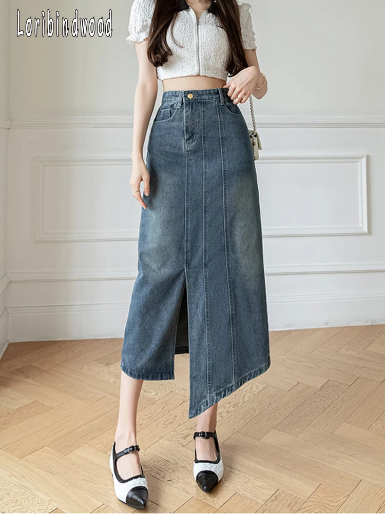 

Асимметричная джинсовая юбка средней длины для женщин 2023, Женская Весенняя и летняя юбка трапециевидной формы с закрытой промежностью и высокой талией для похудения