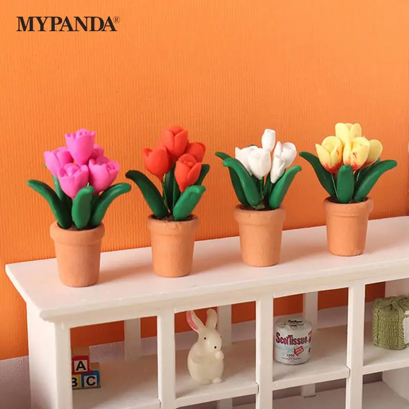 

1:12 миниатюрный кукольный домик тюльпан в горшке Цветочный горшок бонсай модель Фея садовый декор игрушка кукольный домик аксессуары