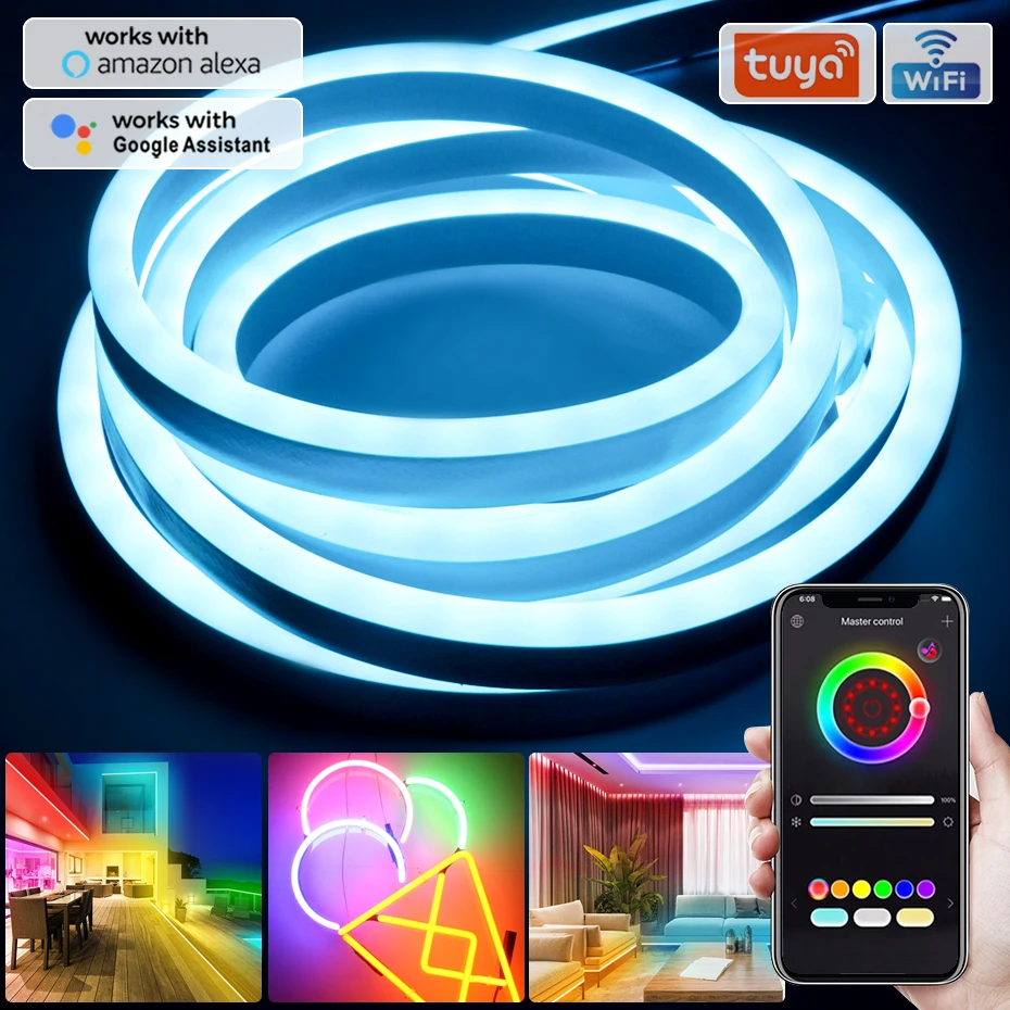 

Tuya WiFi 1m-100m Neon Led Tape RGB 220V Waterproof Led Strip lights 5050 72Leds/m EU Plug 750W 1500W Flexible Lamp Bluetooth