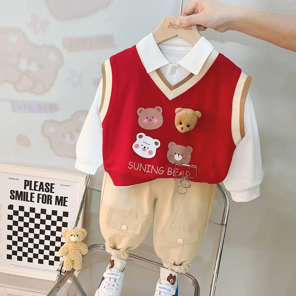 

New Boys' Spring Dress Boys' Children's Set Small and Middle School Children's Long Sleeve Three Piece Set Casual Cute Three Pie