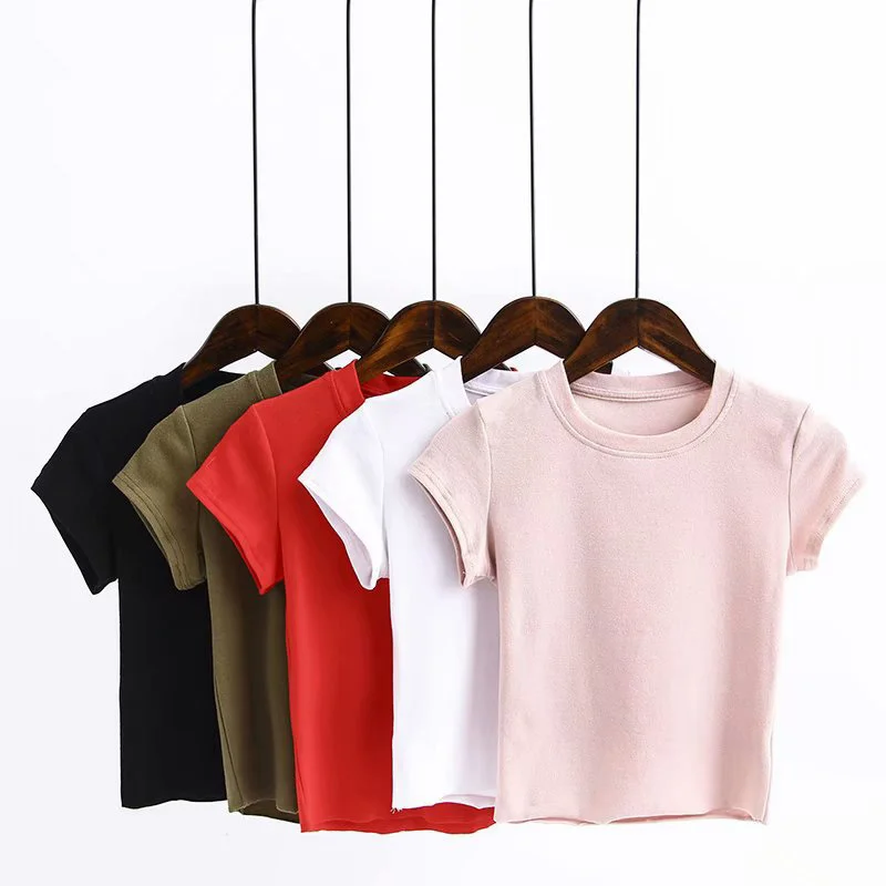 

2023 Hot sale Women O Neck Short Sleeve Crop Top Cotton Tee T-shirt with Raw Hem
