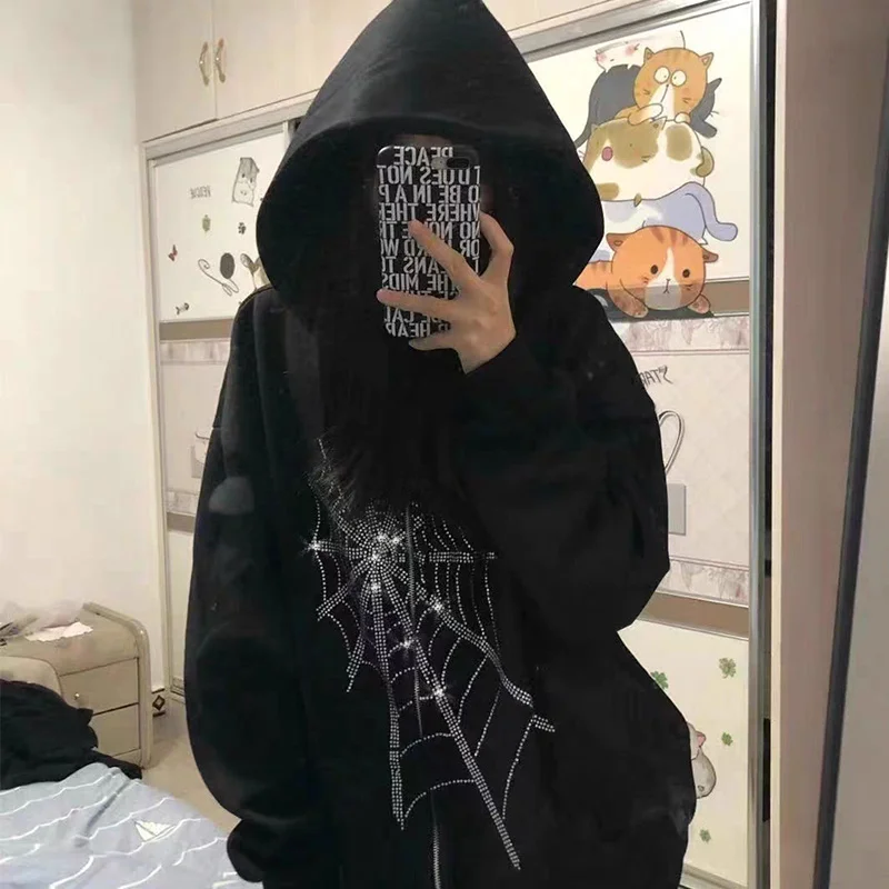 

Женская Осенняя винтажная толстовка с капюшоном и принтом в виде паутины