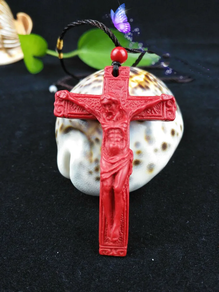 

Chinese Natural Red Organic Cinnabar Cross Necklace Pendant Lucky Amulet