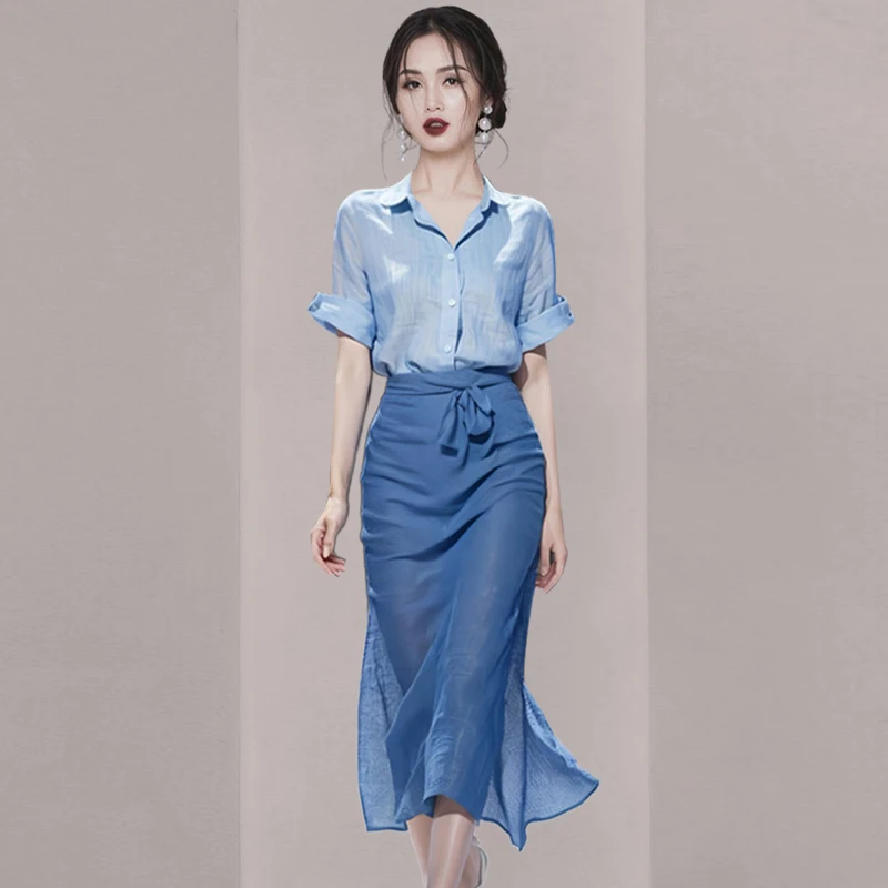 Женский Повседневный костюм с юбкой голубой топ и юбка завышенной талией
