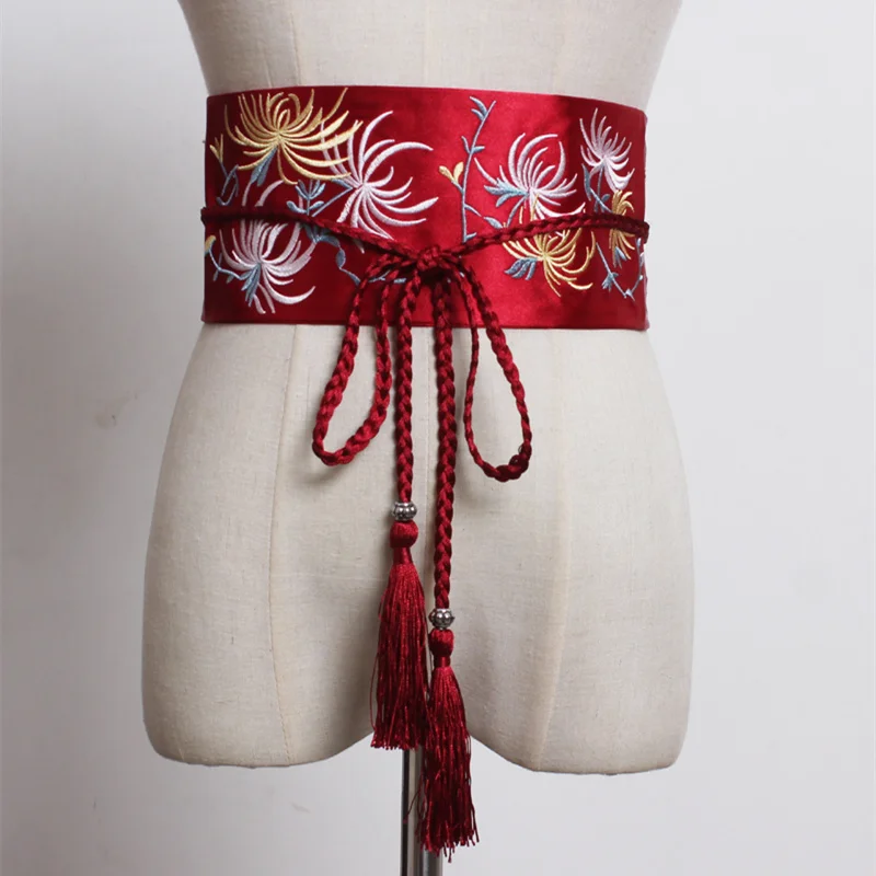 Women's Silk Waistband with Tassels Retro Chinese Embroidery Dress Decorative Belt Japanese Traditional Kimono Obi