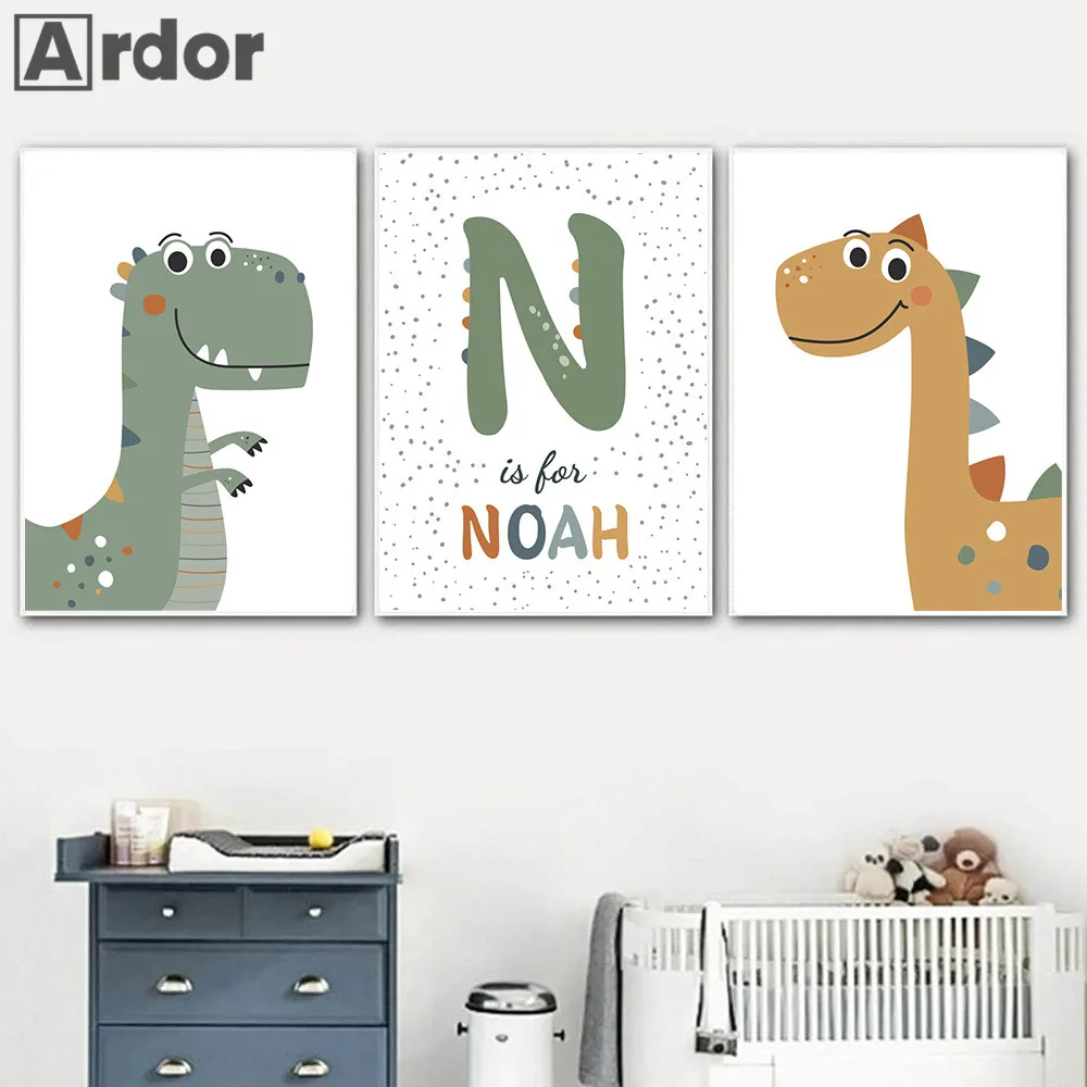 

Cartoon Dinosaur Canvas Painting Custom Name Poster Quotes Print Nursery Wall Art Nordic Posters Wall Pictures Boys Room Decor