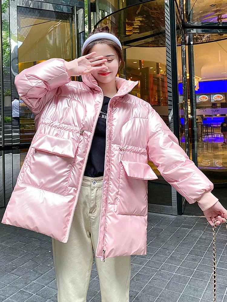 2022 Women Winter Long Jacket Parkas Bright Shiny Stand Collar Warm Thicken Padded Female Coat Korean Casual Clothes