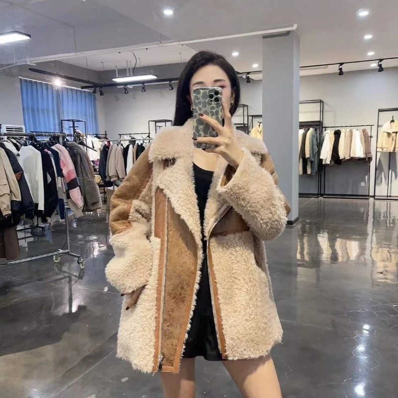 Woman Wool Lamb Fur patchwork Loose Casual Coats Female Turn-down Collar Warm Thickened Jacket Coat Ladies Outwear Jacket G79