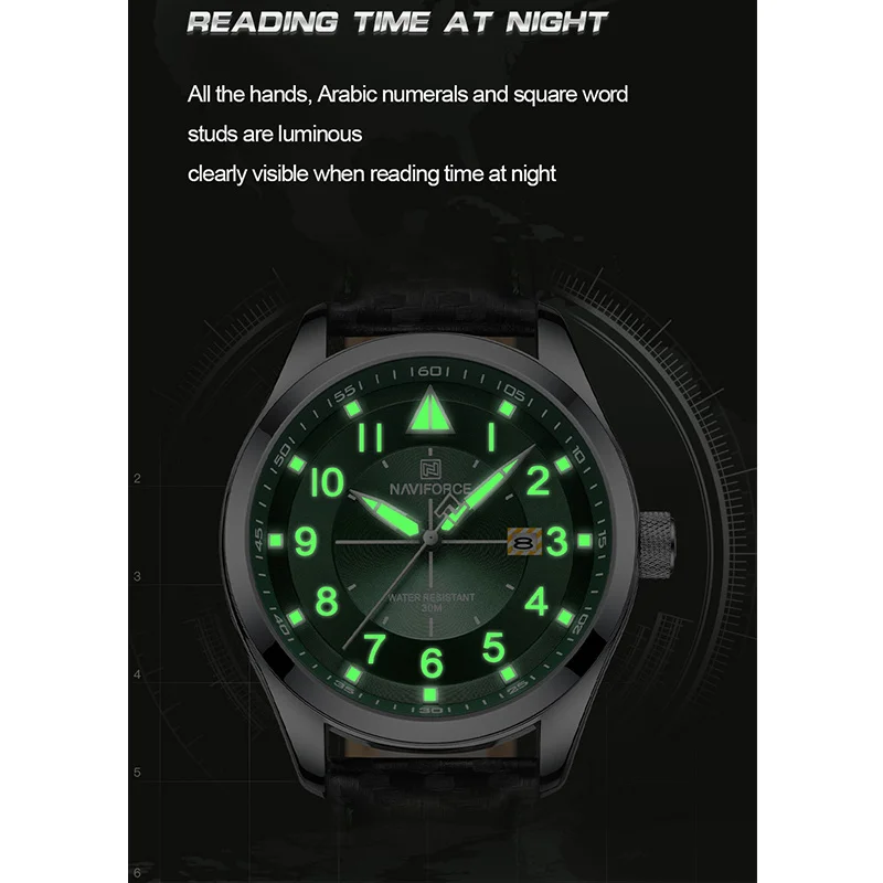 Часы наручные NAVIFORCE Мужские кварцевые брендовые светящиеся водонепроницаемые в