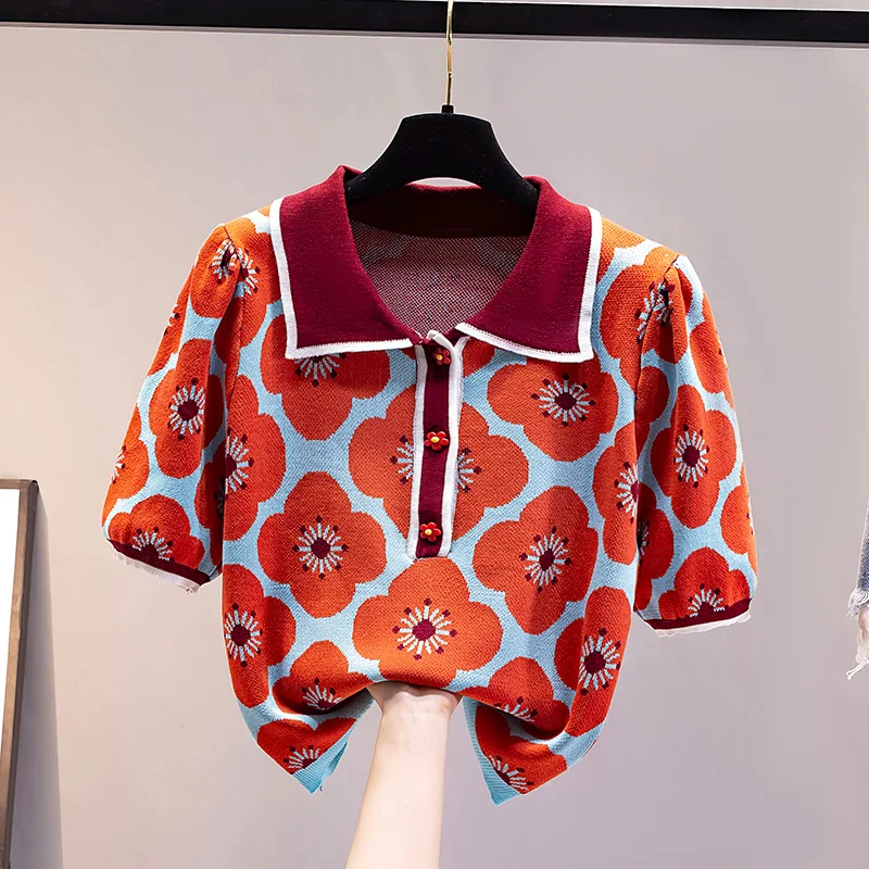 

Женский винтажный жаккардовый свитер, трикотажный пуговицах с контрастными цветами и пышными рукавами, тонкий укороченный топ для лета, 2021
