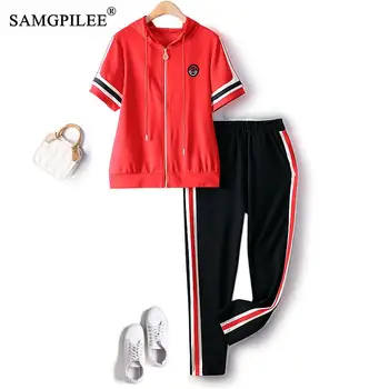 2023 Summer Women's Tracksuit Contrasting Color Hooded Cardigan Elastic Waist Space Cotton Fashion Two Piece Pants Sets 4XL 1