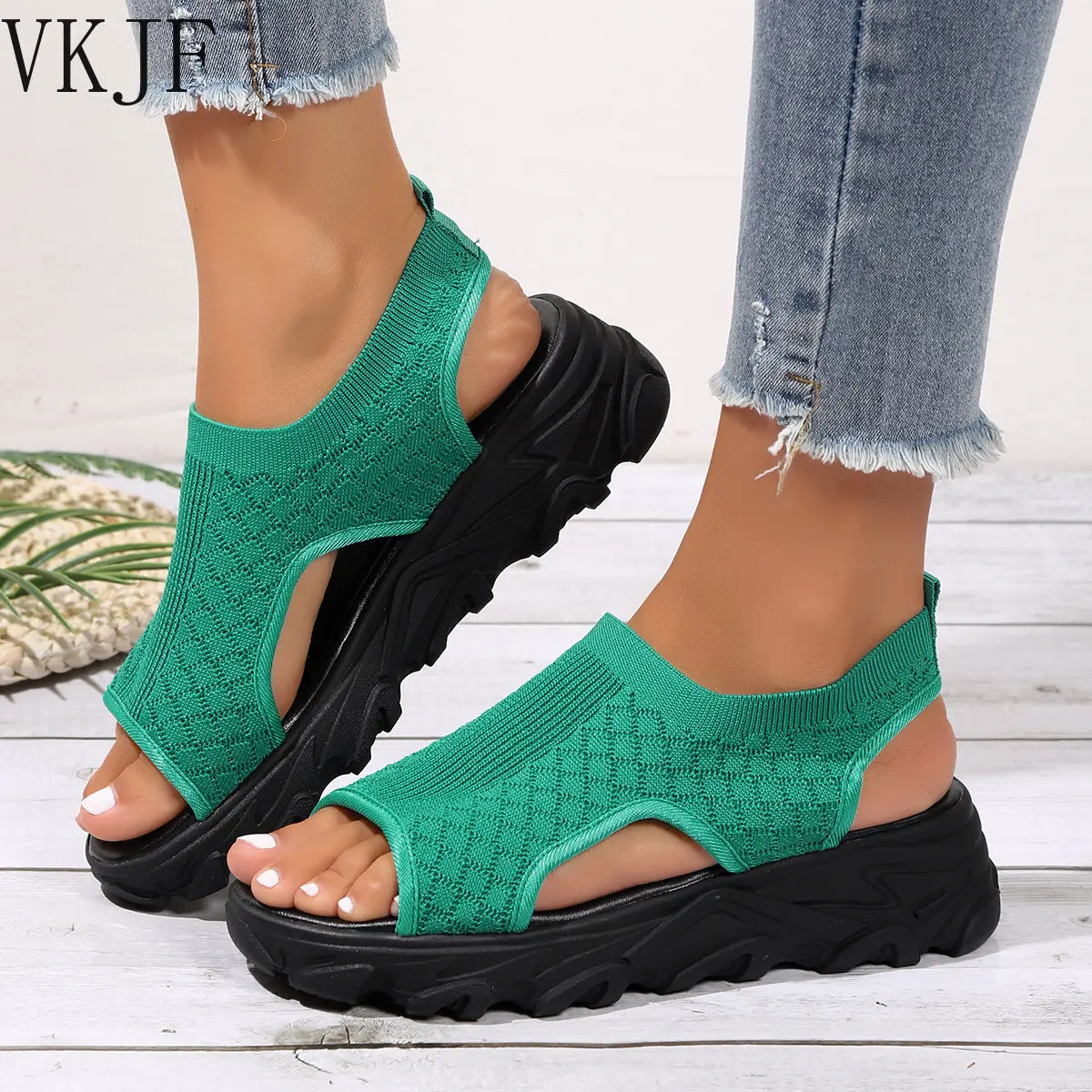 

Elastic Knitting Platform Sandals Women Slip On Wedges Walking Shoes Woman 2023 Summer Thick Sole Non Slip Sports Sandals