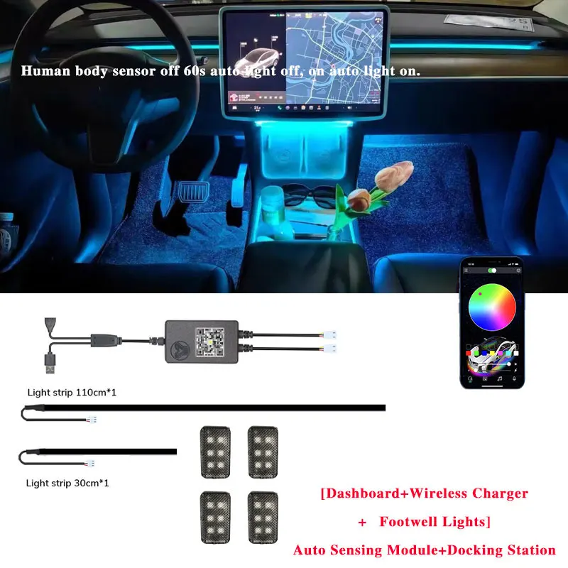 

Для Tesla Model 3/Y 2 в 1, динамическое неоновое RGB автомобильное светодиодное окружающее освещение, 60 s, модуль автоматиче...