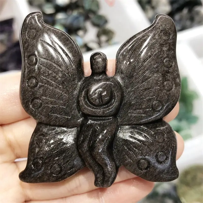 

Natural Crystal Engraving Golden Obsidian Statue Fairy Butterfly Reiki Hand-Carved Gemstone Home Decor 1pcs