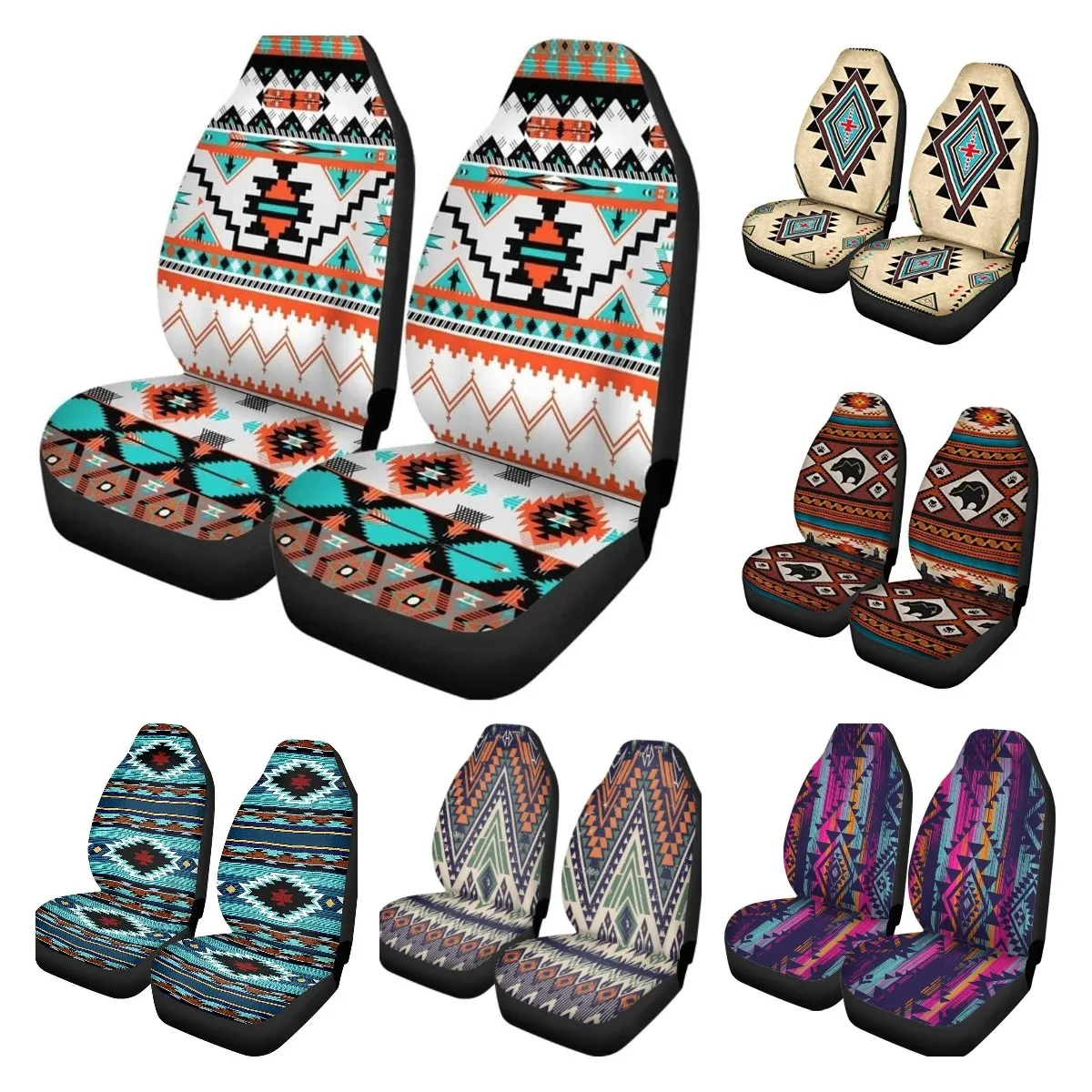 

Southwest Nativa Indian Tribal Aztec Geometry Pattern Universal 2 Pcs Car Front Seat Covers Bucket Seat Protector for Cars