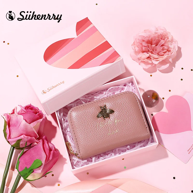 

SIIHENRRY New Genuine Leather RFID Blocking Women Small Bee Coin Purse Multi-card Slot Credit CardHolder Valentine's Day Present