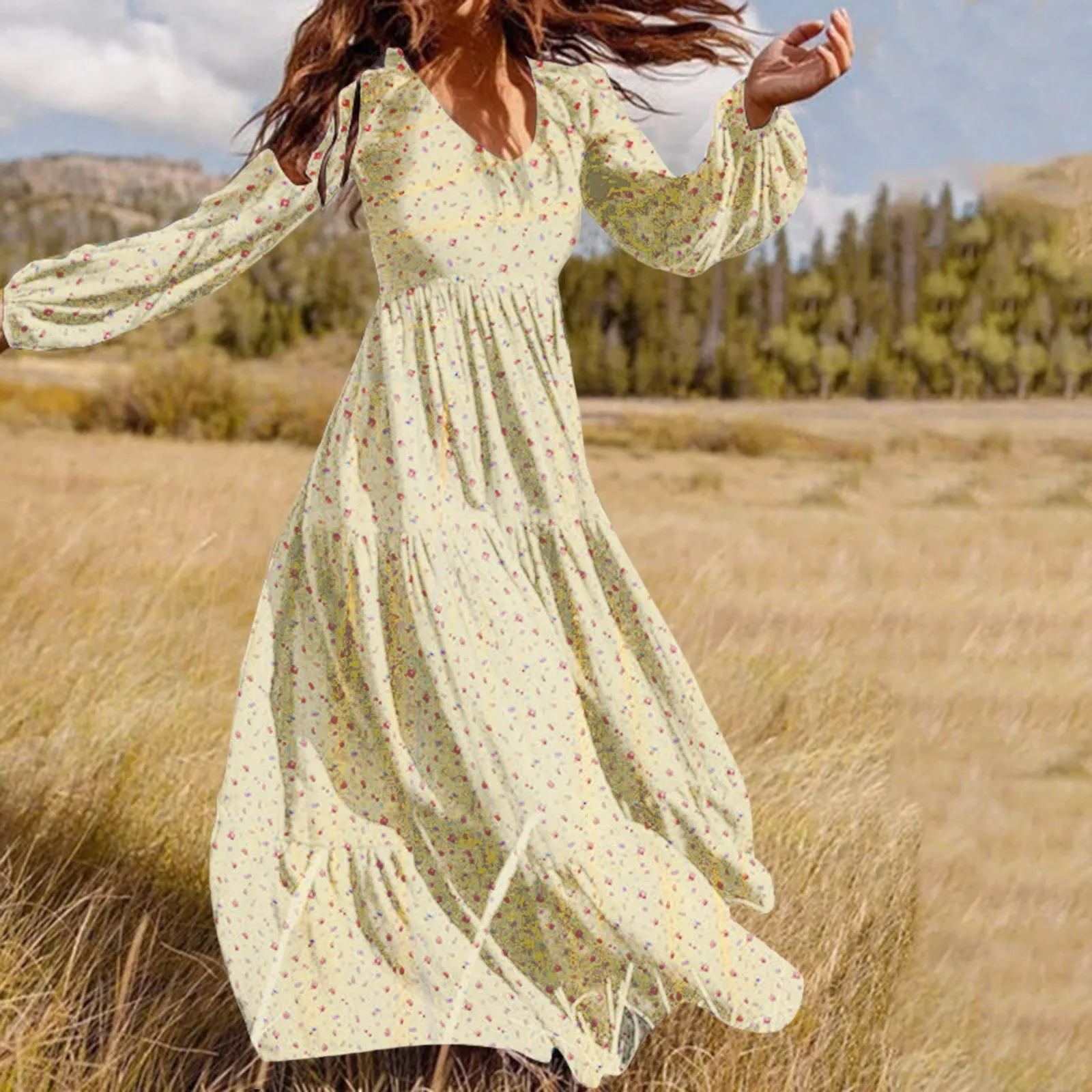 

Fashion Ruffle Floral Print Maxi Dress Puff Long Sleeve Summer Dress Women 2022 Ladies Casual Vestidos For Women Clothing